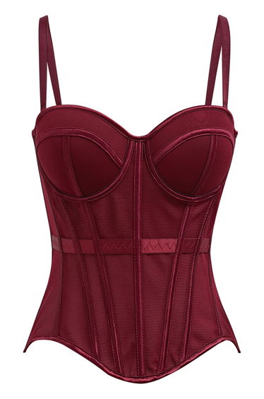 Structured Seam Paneled Mesh Corset Top in Burgundy
