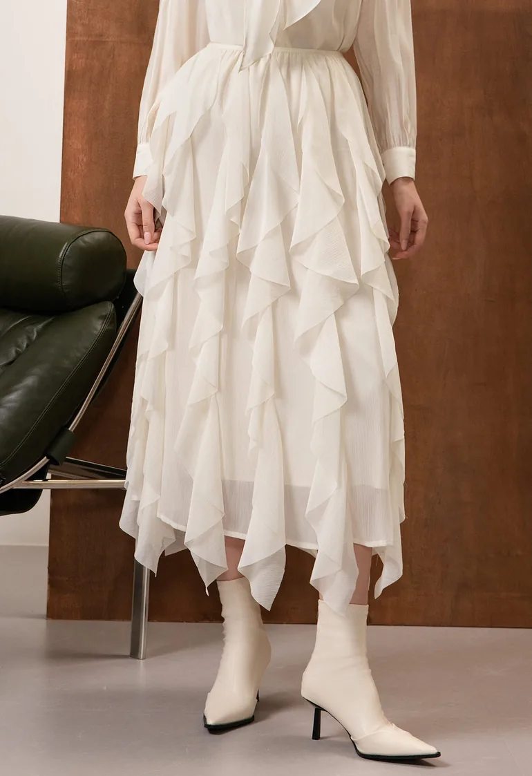 Cascading Ruffle Chiffon Midi Skirt in Ivory for Countryside Picnics & City Strolls - 3