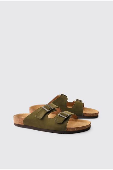Faux Suede Double Strap Sandal - olive