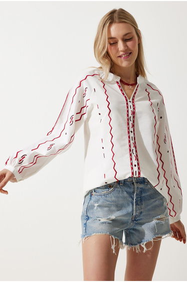Women's Ecru Embroidered Linen Surface Blouse