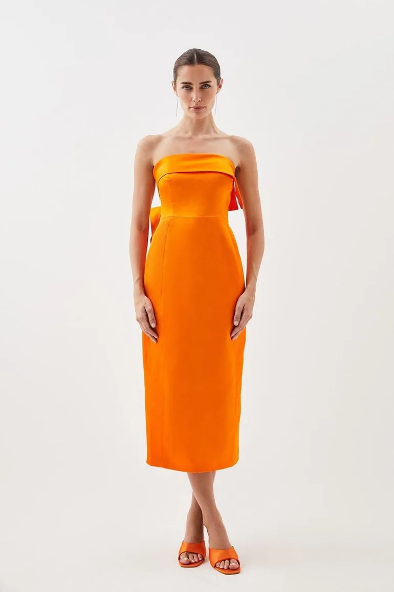 Italian Satin Bandeau Structured Bow Detail Midi Dress