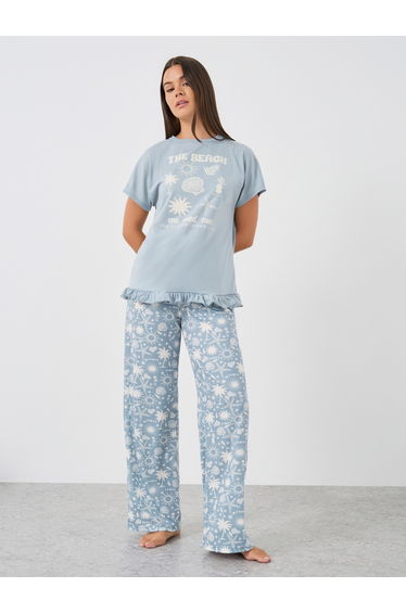Graphic Print Ruffle Hem T-Shirt and Pyjama Set