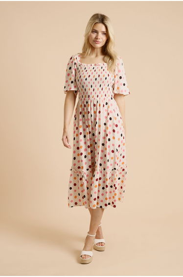Cream Spot Shirred Bodice Flutter Sleeve Midi Dress