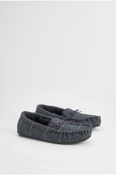 Dark Brown Herringbone Faux Fur Lined Moccasin Slippers