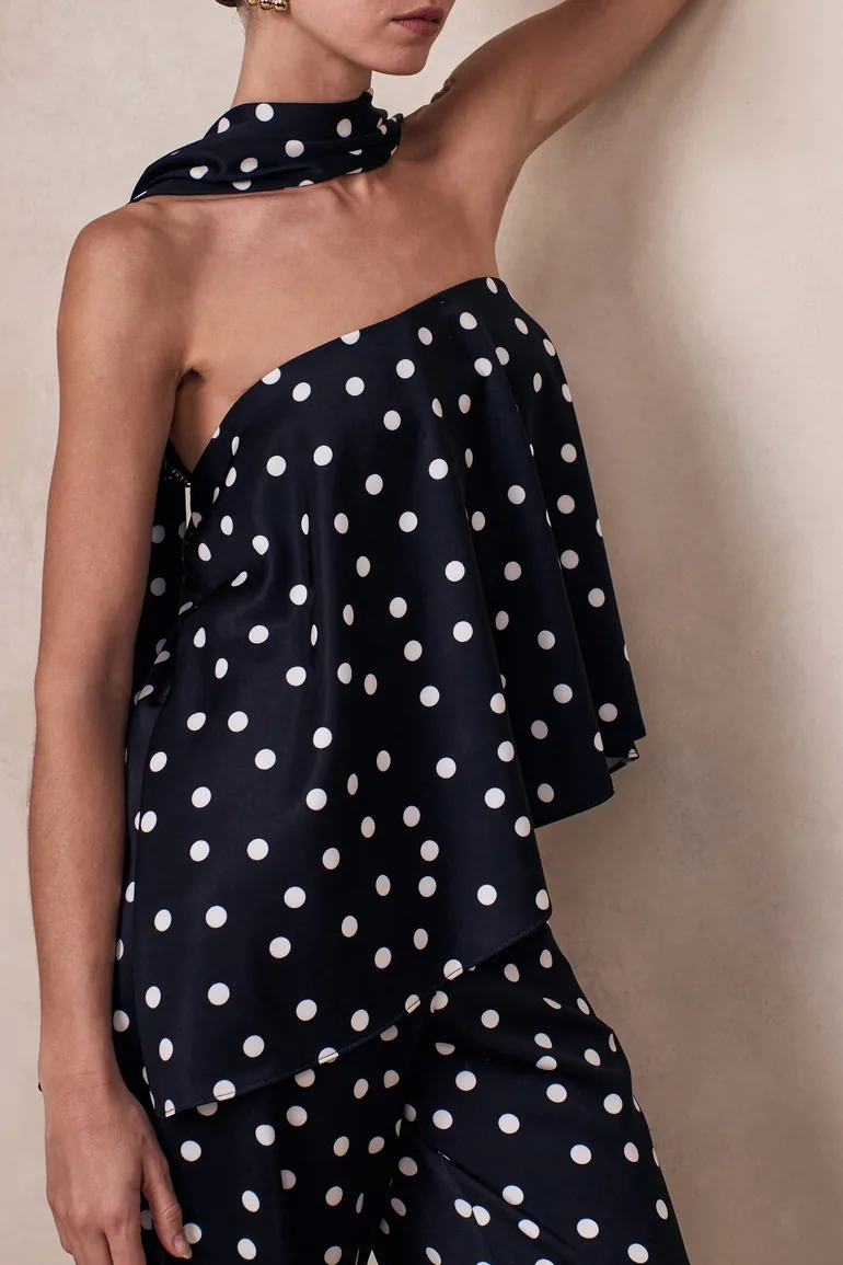 Evandra | Black & White Satin Polka Dot Bandeau Top With Scarf - 6