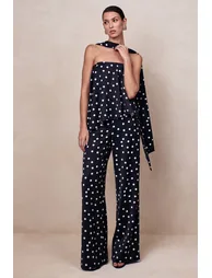 Evandra | Black & White Satin Polka Dot Bandeau Top With Scarf - 5