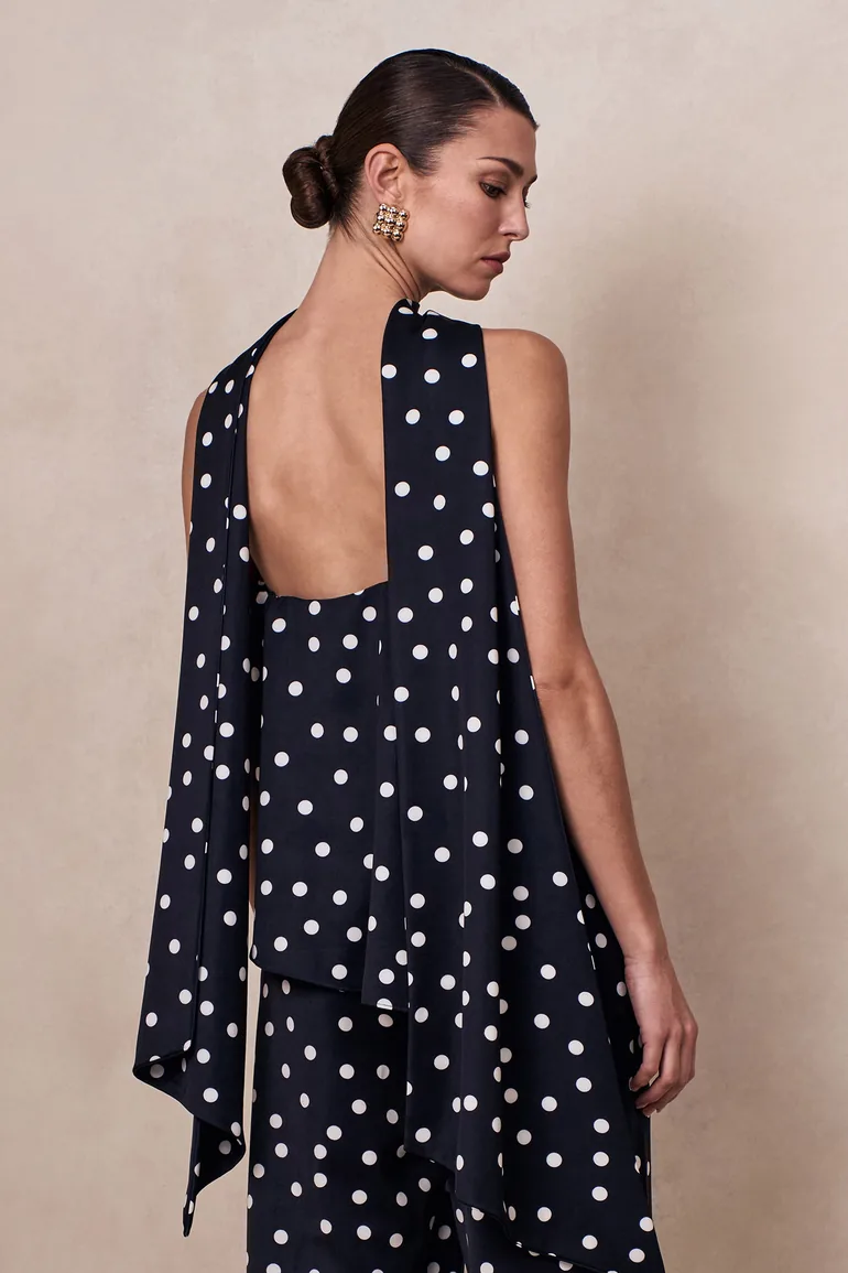 Evandra | Black & White Satin Polka Dot Bandeau Top With Scarf - 1