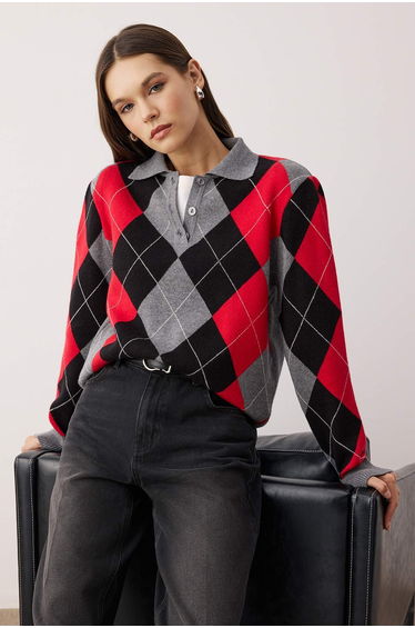 Anthracite Premium Yarn/Special Yarn Diamond Patterned Knitwear Sweater