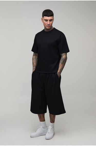 Tall Boxy Pleated T-Shirt & Bermuda Short Set - black