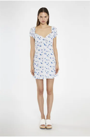 Blue-Dot Vintage-Floral Gathered Neckline Mini-Dress