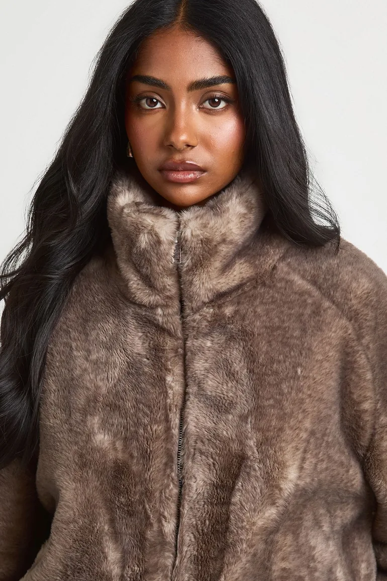 Two Tone Faux Fur Funnel Neck Jacket - taupe - 3
