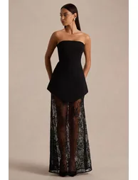 فستان ماكسي بتنورة دانتيل بأكتاف مكشوفة - أسود