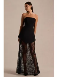 فستان ماكسي بتنورة دانتيل بأكتاف مكشوفة - أسود - 4