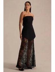 فستان ماكسي بتنورة دانتيل بأكتاف مكشوفة - أسود - 2