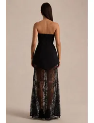 فستان ماكسي بتنورة دانتيل بأكتاف مكشوفة - أسود - 1