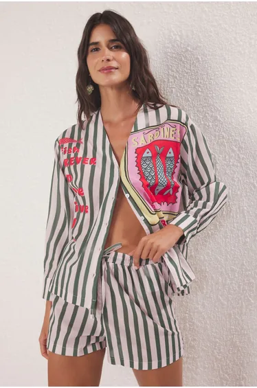 Fish Patterned Woven 100% Cotton Beach Blouse Shorts Set