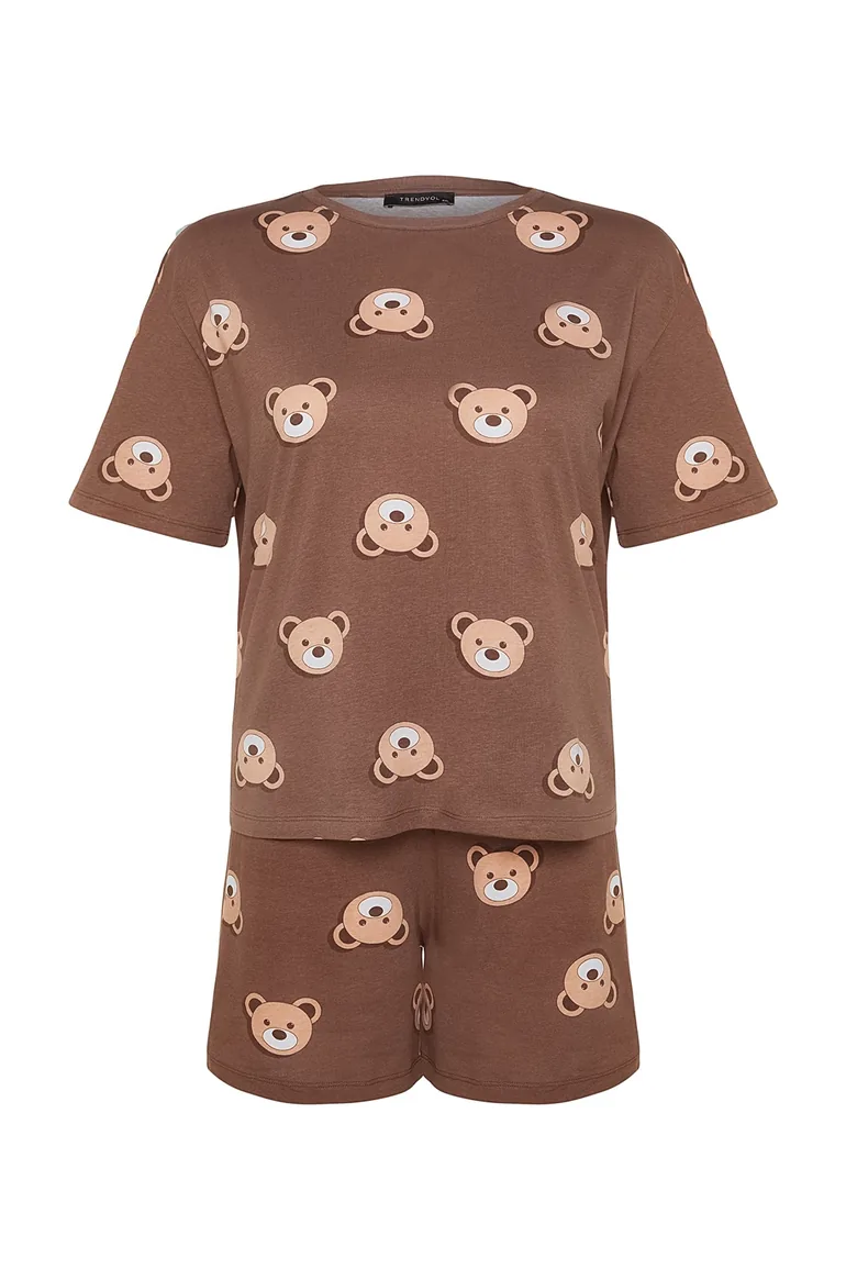Brown Teddy Bear Printed Cotton Knitted Pajamas Set