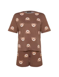 Brown Teddy Bear Printed Cotton Knitted Pajamas Set