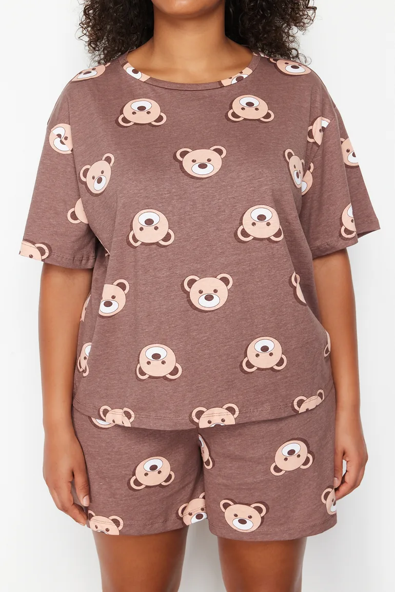 Brown Teddy Bear Printed Cotton Knitted Pajamas Set - 8