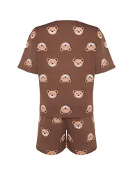 Brown Teddy Bear Printed Cotton Knitted Pajamas Set - 2