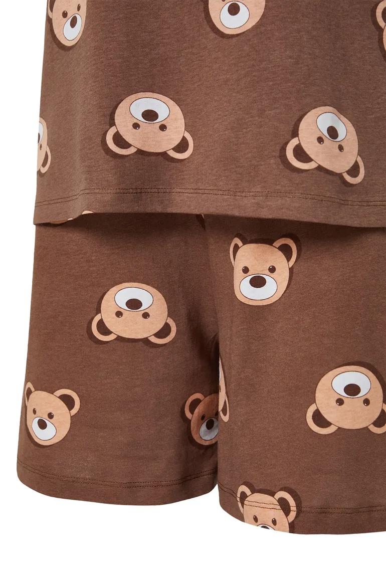 Brown Teddy Bear Printed Cotton Knitted Pajamas Set - 1