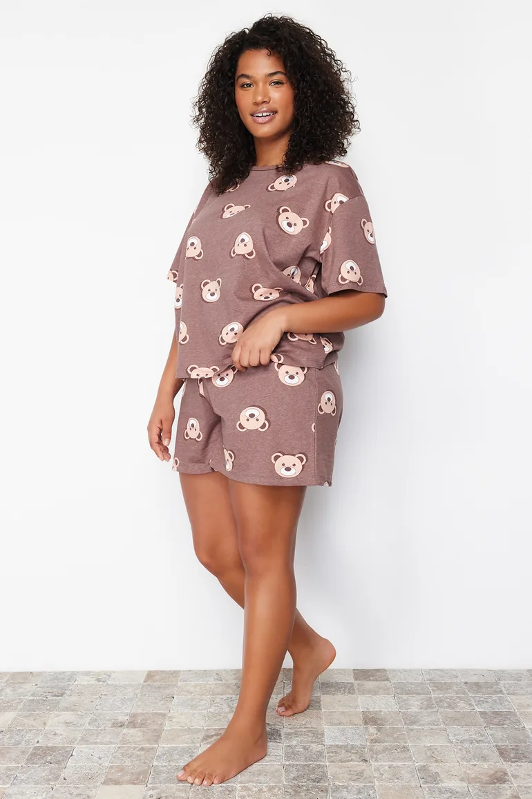 Brown Teddy Bear Printed Cotton Knitted Pajamas Set - 4