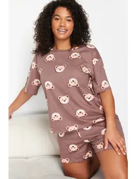Brown Teddy Bear Printed Cotton Knitted Pajamas Set - 6