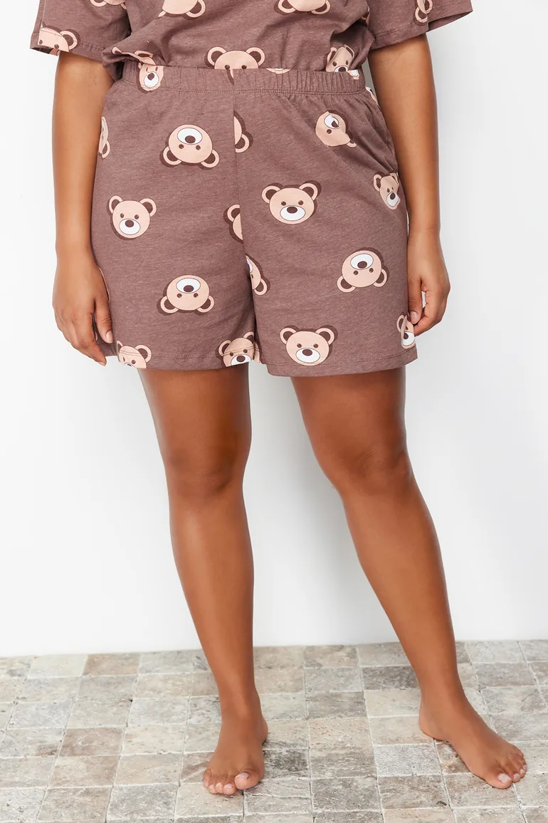 Brown Teddy Bear Printed Cotton Knitted Pajamas Set - 7