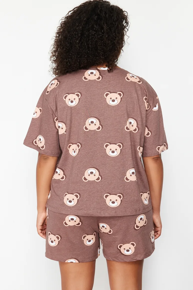 Brown Teddy Bear Printed Cotton Knitted Pajamas Set - 3