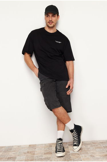 Black Men's Oversize/Wide Cut Crew Neck Text Printed Short Sleeve 100% Cotton T-Shirt