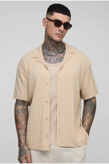 Tall Oversized Boxy Short Sleeve Revere Cable Knit Shirt - stone