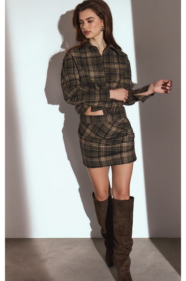 Green Check Ruched Skirt