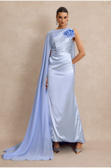 3D Flower Ruched Maxi Dress With Cape