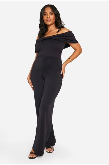 Plus Scuba Bow Detail Bardot Jumpsuit - black