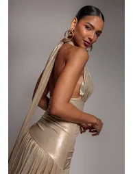 Halterneck Empire Waist Gathered Sunrise Foil Maxi Dress - Gold by Goddiva - 4