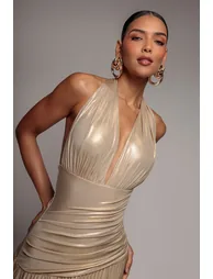 Halterneck Empire Waist Gathered Sunrise Foil Maxi Dress - Gold by Goddiva - 3