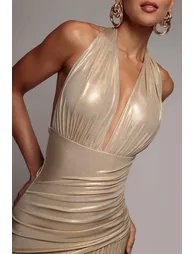 Halterneck Empire Waist Gathered Sunrise Foil Maxi Dress - Gold by Goddiva - 5