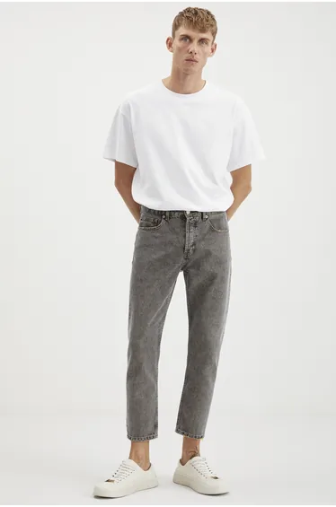 GRIMELANGE GILBERTO Men Carrot Fit Tapered Leg Distressed Washed Thick Textured Denim Grey Jeans