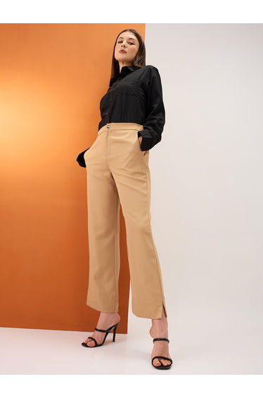Khaki Solid Mid-Rise Relaxed Fit Trousers