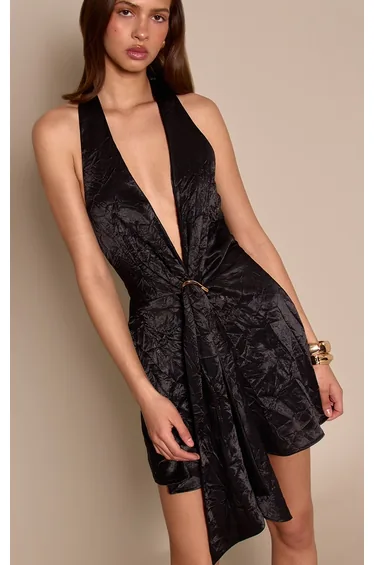 Black Satin Buckle Detail Shift Dress