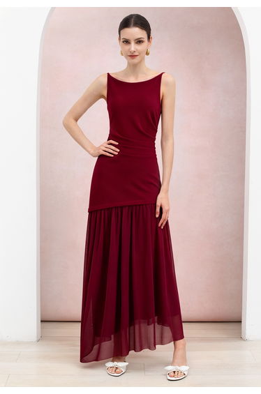 Mesh Panel Ruched Waist Sleeveless Maxi Dress in Red for Vacation Evenings & Cocktail Events