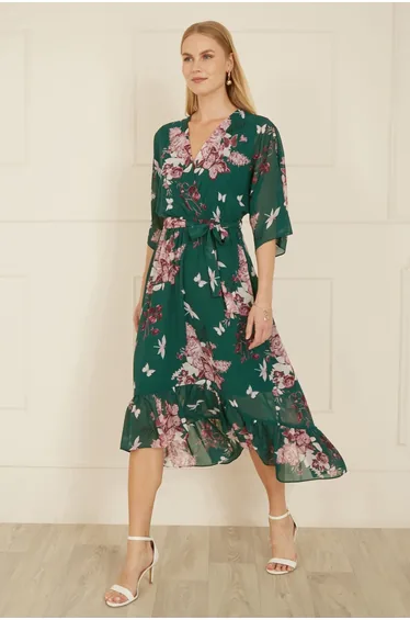 فستان بحافة طويلة بطبعة أزهار - أخضر