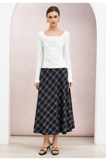Graceful Ease Plaid Flare Maxi Skirt in Navy for Office Days & Weekend Outings