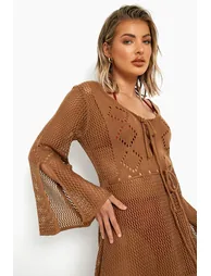 Crochet Cut Out Beach Mini Dress - mocha - 3