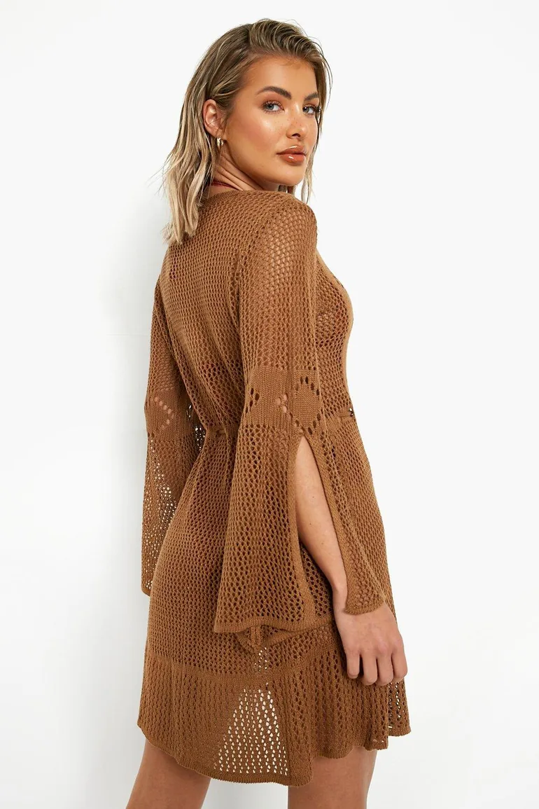 Crochet Cut Out Beach Mini Dress - mocha - 1