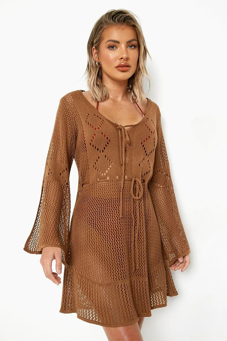Crochet Cut Out Beach Mini Dress - mocha - 2