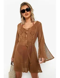 Crochet Cut Out Beach Mini Dress - mocha