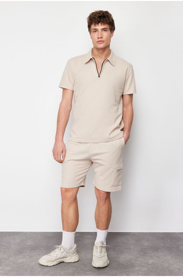 Men's Mink Tracksuit Regular/Normal Fit Zipper Polo Neck-Cargo Pocket Shorts Textured
