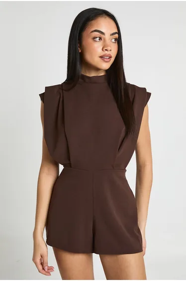 Tailored Pleat Detail Playsuit - chocolate