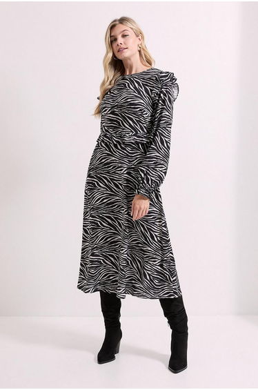 Frill Detail Long Sleeve Midi Dress